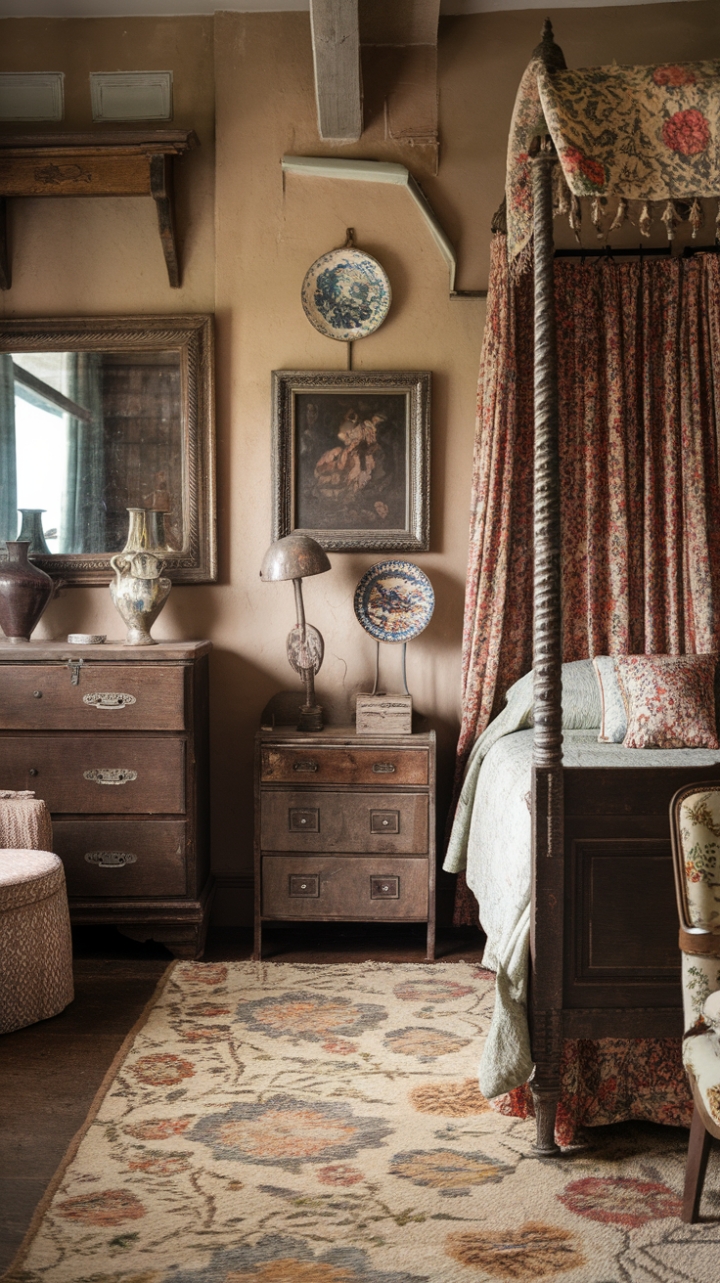 Immerse yourself in this charming vintage sanctuary, where an eclectic mix of floral patterns, rustic textures, and vintage accessories creates a warm, inviting atmosphere. The four-poster bed with its floral canopy becomes the centerpiece of nostalgic elegance, while the rustic dresser and vintage lamp add layers of character. The floral rug and carefully selected vintage accents—mirror, vase, decorative plate—complete this cozy, curated retreat. The beige walls serve as a perfect canvas for this charming, eclectic decor that feels both timeless and uniquely personal.