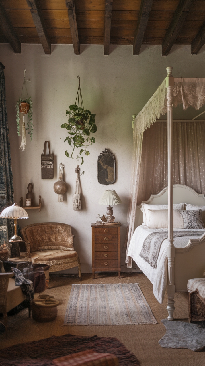 Immerse yourself in this captivating vintage sanctuary, where a blend of lace, wood, and greenery crafts a serene yet vibrant retreat. The white four-poster bed with its delicate lace canopy becomes the centerpiece of a space filled with personality and history. Nearby, a wooden nightstand holds a vintage lamp and curated keepsakes, while hanging plants and a retro mirror add layers of texture and visual interest. The warm wooden ceiling beams and eclectic decor—ranging from a charming chair to decorative vases and a vintage lampshade—create a cozy, inviting atmosphere. This room effortlessly combines bohemian spirit with vintage allure, making it a perfect haven for lovers of eclectic, timeless design.