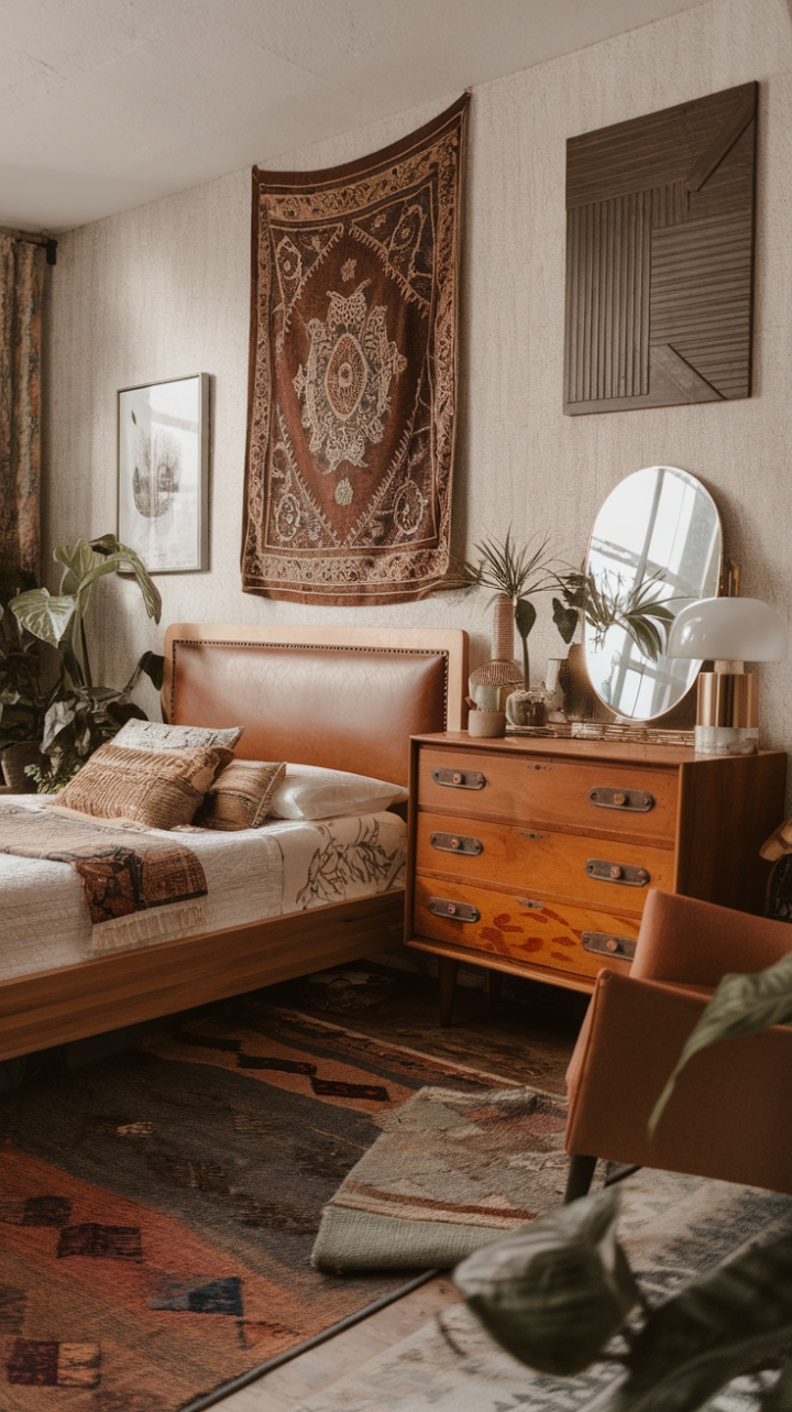 Step into a haven of bohemian vintage charm. This bedroom's retro soul shines through a rich tapestry of textures—worn leather headboard, gleaming wood, and plush fabrics—all artfully arranged around a vintage dresser and a cozy armchair. Sunlight dances across the patterned rug, illuminating the eclectic mix of art and plants, creating a space that's both effortlessly stylish and deeply inviting.