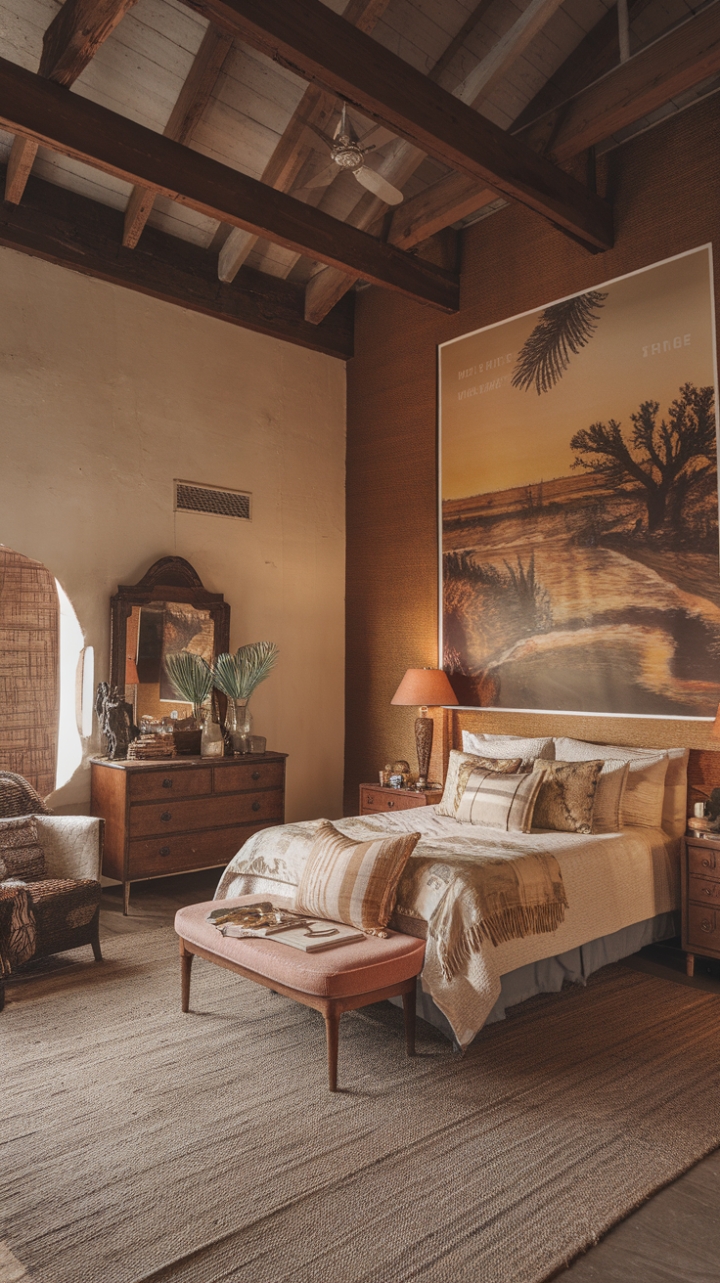 Escape to a haven of bohemian bliss. High ceilings, exposed wood beams, and a vintage dresser whisper tales of bygone eras, while a vibrant landscape poster and richly textured rug ground the space in earthy tones. This eclectic bedroom is a masterclass in relaxed retro style, inviting you to unwind and dream.