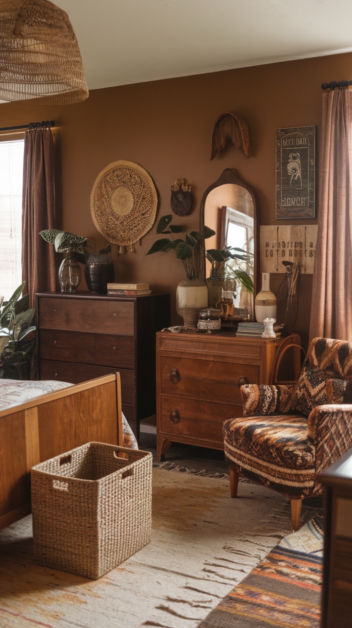 Ready to escape to a dreamy sanctuary? This boho-vintage bedroom is a masterclass in creating a space that feels both lived-in and utterly chic. A beautiful blend of eras, it features a classic wooden bed grounded by a charming woven basket, a vintage dresser with a story to tell, and a boho-chic chair that begs you to curl up with a good book. The earthy walls provide a calming backdrop for an artful mix of textures and treasures – from a lush plant adding a touch of life to a vintage sign that sparks conversation. Layered textiles, like the inviting rug and cozy throw, complete this perfectly curated, wonderfully personal retreat.