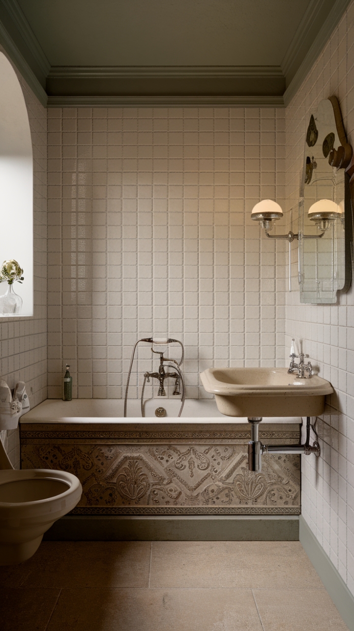 Immerse yourself in this beautifully restored vintage bathroom, where every detail tells a story. The delicate patterns on the antique bathtub and the retro-inspired sink create a perfect blend of old-world charm and contemporary style. White tiled walls and beige flooring provide a clean, classic backdrop, enhanced by a vintage wall lamp that adds a cozy, nostalgic ambiance. This space is a tribute to timeless design, inviting relaxation and a touch of history.