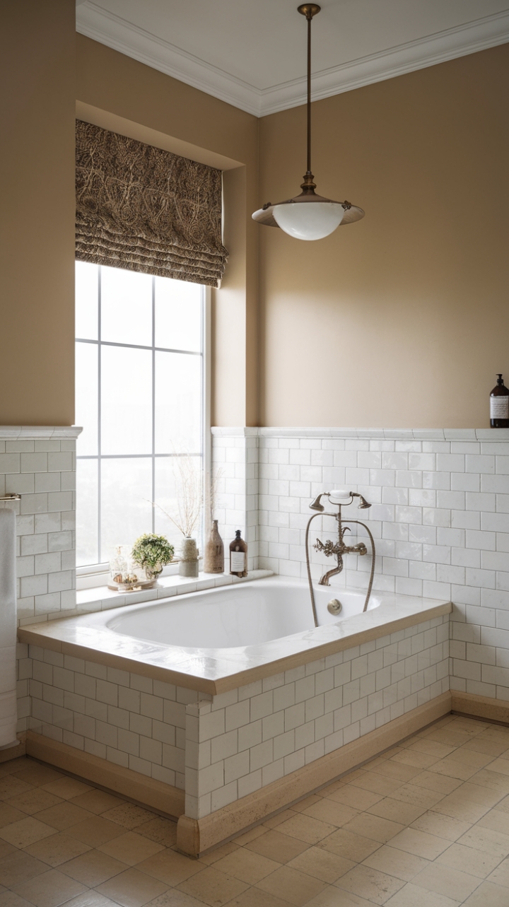 Step into this enchanting vintage-inspired bathroom where timeless charm meets modern elegance. The soft beige and white palette creates a serene backdrop, highlighting the exquisite antique fixtures and the gracefully curved vintage bathtub. Framed by a large window adorned with a charming patterned curtain, the space invites natural light to dance across classic tile walls and warm beige flooring. A vintage-style light fixture casts a gentle glow, completing this retro chic sanctuary perfect for relaxing in style.
