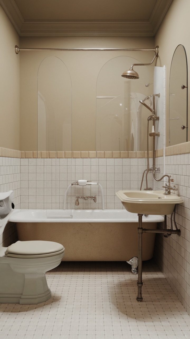 A charming blend of vintage allure and modern comfort, this bathroom exudes timeless elegance with its soft beige and crisp white palette. The vintage-inspired bathtub invites relaxation, complemented by a retro-style sink featuring a classic faucet that echoes bygone eras. Antique fixtures add a touch of nostalgia, while the beige tiled walls and white tiled floors create a warm, inviting atmosphere. The vintage showerhead above the tub completes the nostalgic aesthetic, transforming this space into a perfect sanctuary of classic charm and understated sophistication.