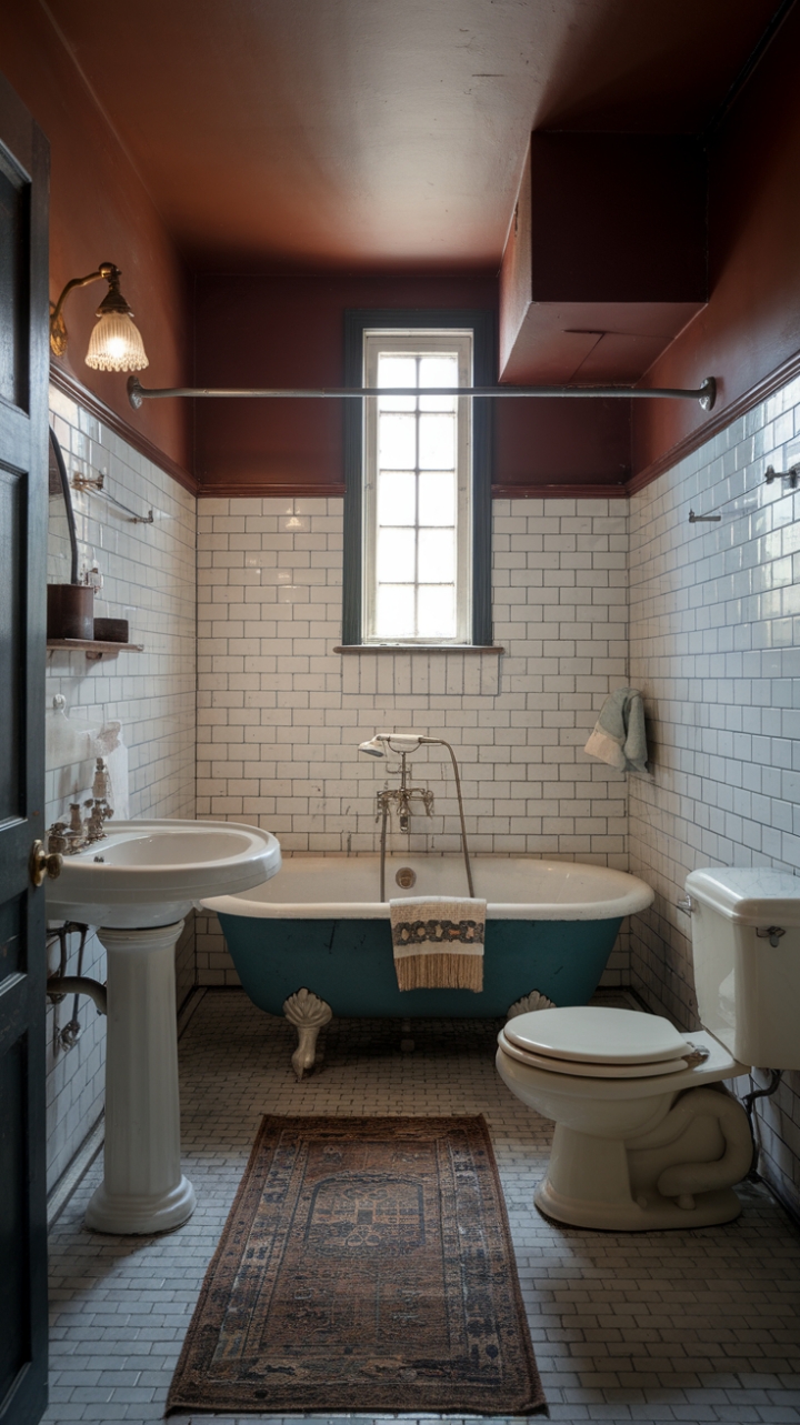 Ready for a trip back in time? This vintage bathroom is pure nostalgia, a charming escape to an era of timeless elegance. Imagine sinking into that glorious clawfoot tub, the warm water enveloping you as you gaze at the classic white subway tile walls. The graceful pedestal sink and antique fixtures whisper stories of days gone by, while the soft glow from the vintage lamp casts a warm, inviting light. Every detail, from the patterned rug underfoot to the sweet little window near the ceiling, contributes to an ambiance that is both comforting and utterly chic. This is more than just a bathroom; it's a sanctuary of vintage charm.