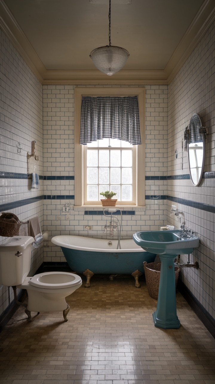Step into a charming vintage bathroom that exudes timeless elegance and nostalgic warmth. The classic clawfoot bathtub invites relaxation amidst its antique charm, while the pedestal sink and vintage light fixture add authentic retro character. Walls adorned with a delicate pattern of white and dark blue tiles create a cozy, nostalgic atmosphere, complemented by the beige and white checkered floor that enhances the room’s charming appeal. A checkered curtain frames the window, allowing soft natural light to fill the space, highlighting vintage decor accents like a woven basket and a lush plant. The overall ambiance is one of calm serenity, capturing the enduring beauty of a bygone era with a thoughtfully curated, cozy aesthetic.