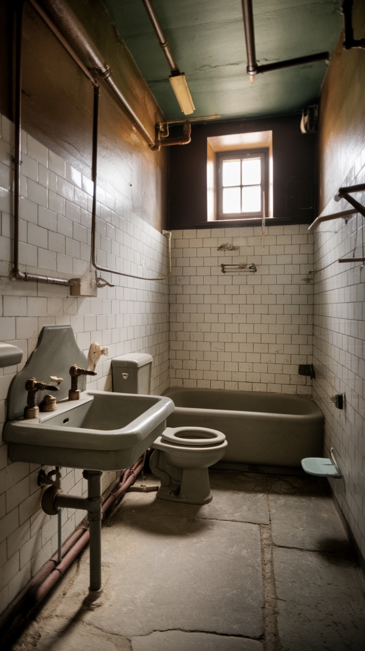 Ready for a trip back in time? This vintage bathroom is a love letter to retro style, where every detail whispers stories of eras past. Imagine soaking in that classic tub, surrounded by the charm of antique fixtures and the cool touch of grey stone underfoot. The unique faucet on the sink is a true conversation starter, while the white tiled walls and high window create a bright, airy feel. It's a space that embraces its history, from the visible pipes to the simple elegance of the towel rack and soap dish. Pure, unadulterated nostalgia.