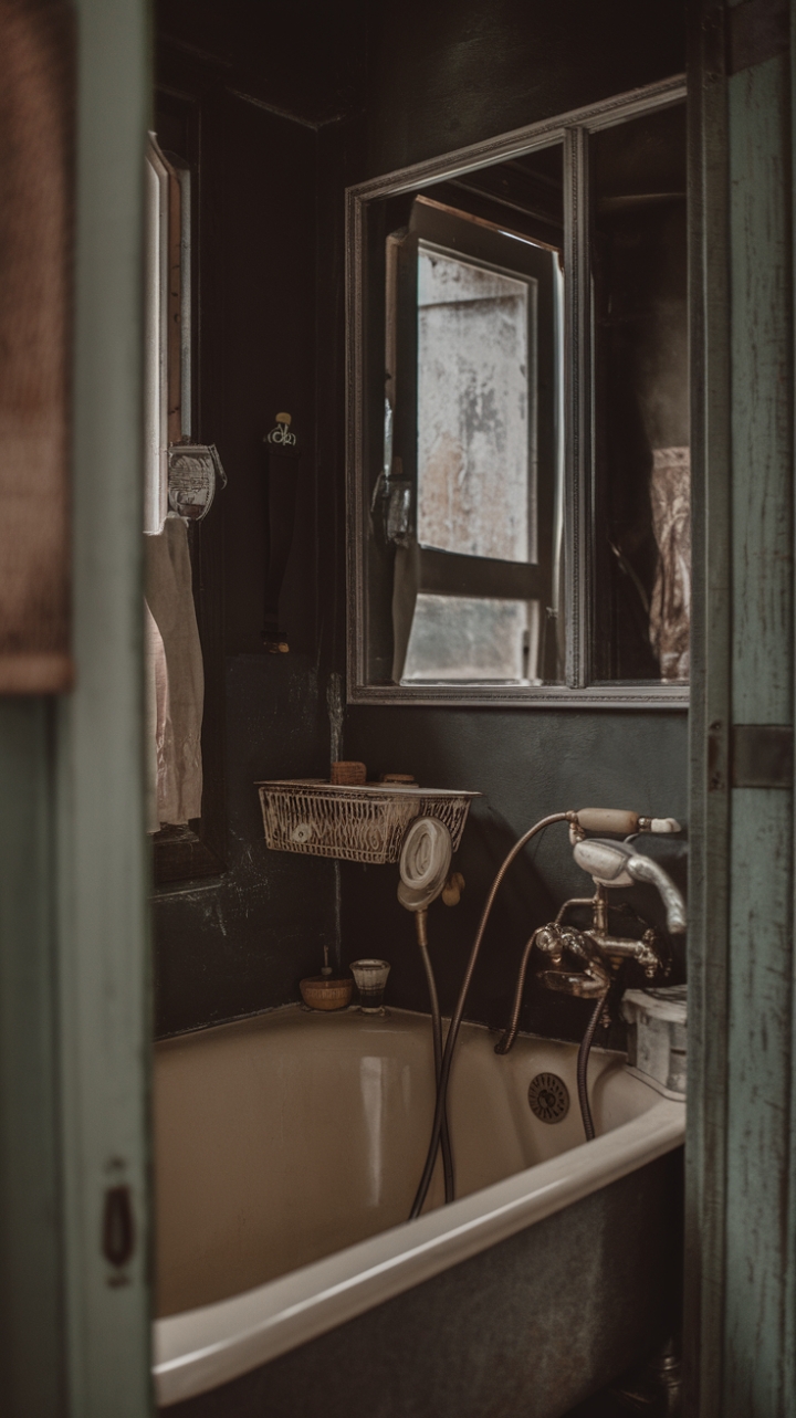 Indulge your senses in this darkly romantic bathroom retreat. Antique details and retro styling combine to create a captivating vintage aesthetic. The rustic charm and distressed finishes whisper tales of bygone eras, promising a luxurious escape from the everyday.