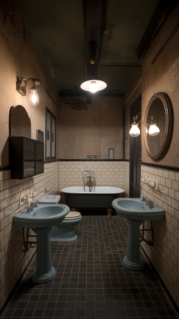 Ready for a bathroom that tells a story? This vintage sanctuary embraces the drama with a moody palette and a treasure trove of antique finds. Imagine soaking in that classic clawfoot tub, the light from the vintage fixture casting a warm glow on the distressed beige brick walls. The black and white checkered floor adds a playful touch to the otherwise serious space, while the pedestal sink and visible mortar lines whisper tales of a bygone era. It's a nostalgic escape, a perfectly imperfect haven for unwinding.