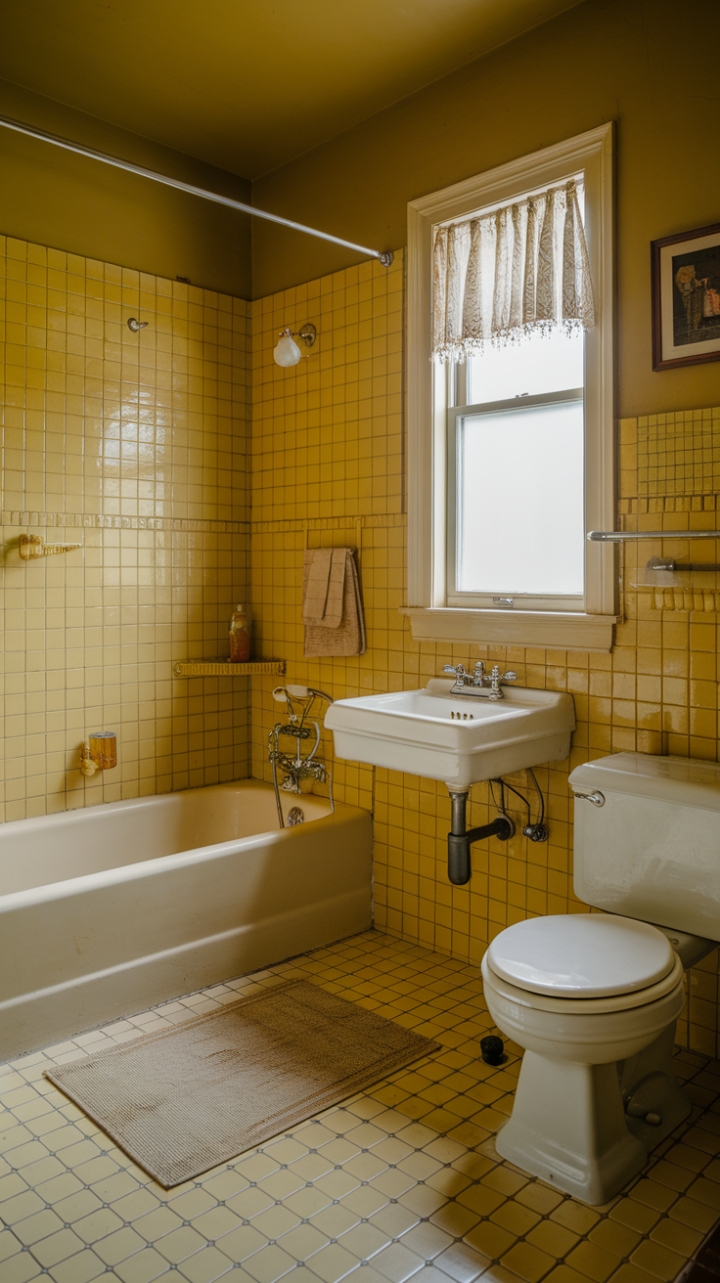 Embrace the golden age of design in this cheerful yellow bathroom. Mid-century modern meets vintage chic in a space that's both playful and sophisticated. The vibrant hues and classic lines create a truly unforgettable retreat, a testament to enduring style and effortless charm.