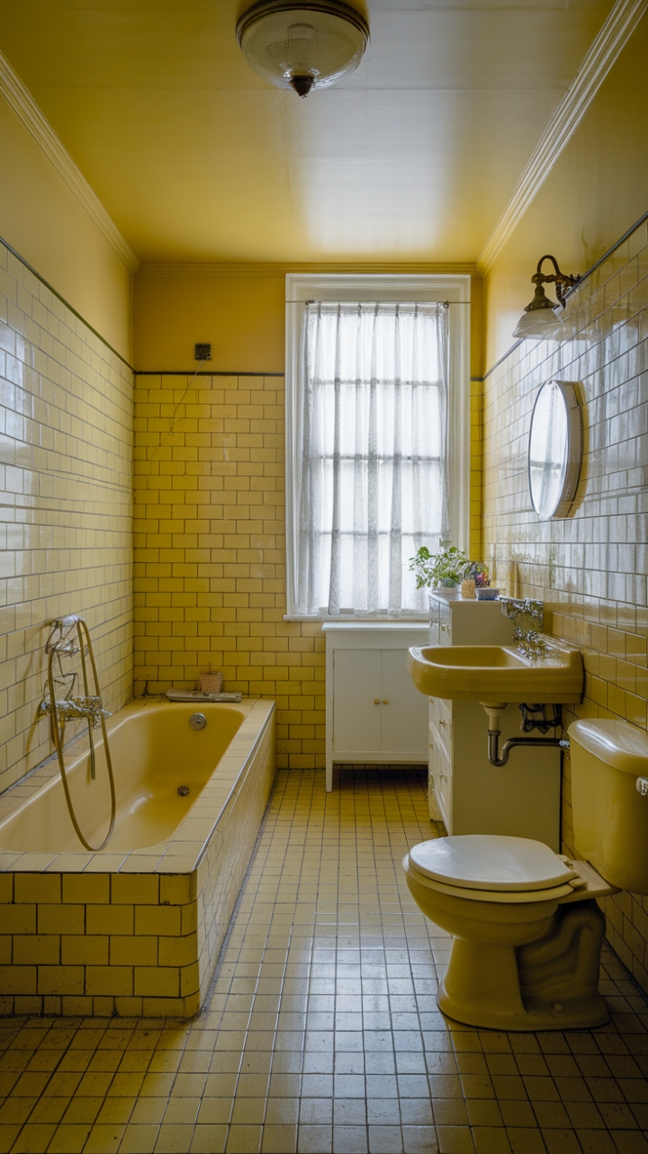 Bathe in the golden glow of this retro-chic bathroom! From the cheerful yellow tiles to the gleaming vintage tub and sink, every detail whispers of a stylish past. A perfect blend of old-world charm and contemporary serenity, this space is a true design dream.