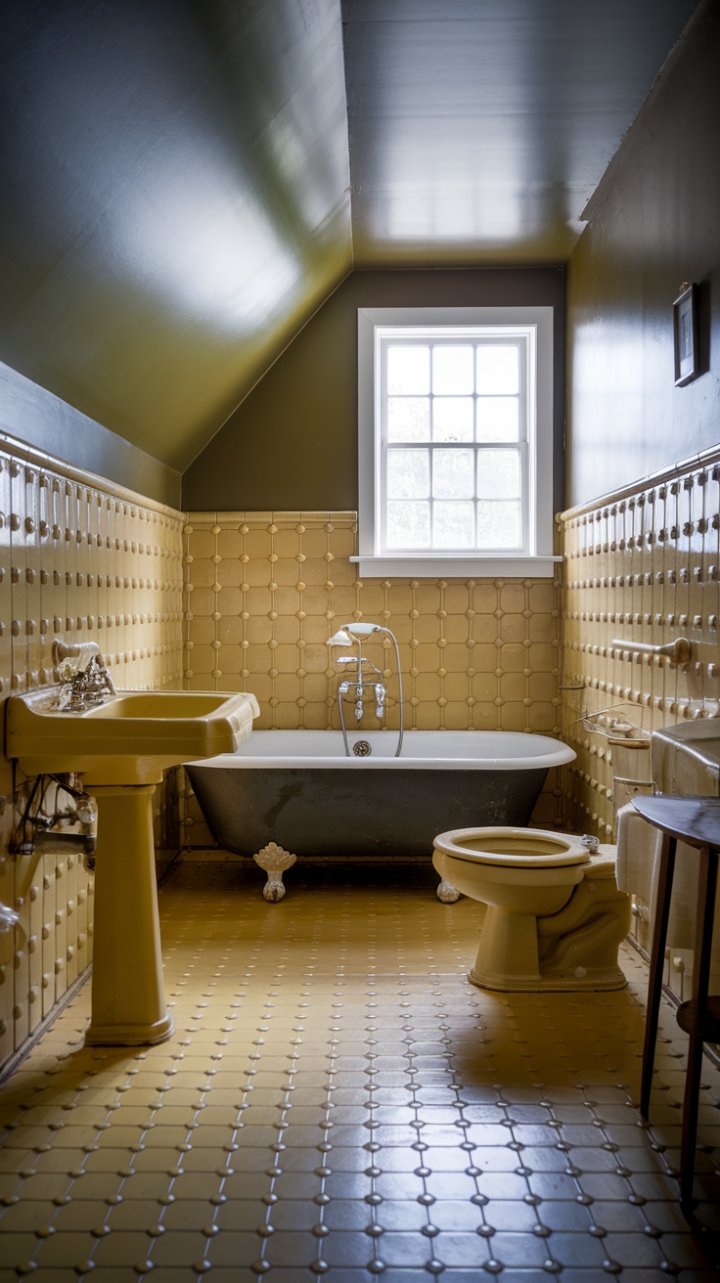 Step back in time with this sun-drenched bathroom, where vintage yellow tiles with charming raised detailing create a retro haven. The sloped ceiling adds architectural interest, while a vintage tub, pedestal sink, and tasteful accessories complete the mid-century modern dream. Pure nostalgic bliss.
