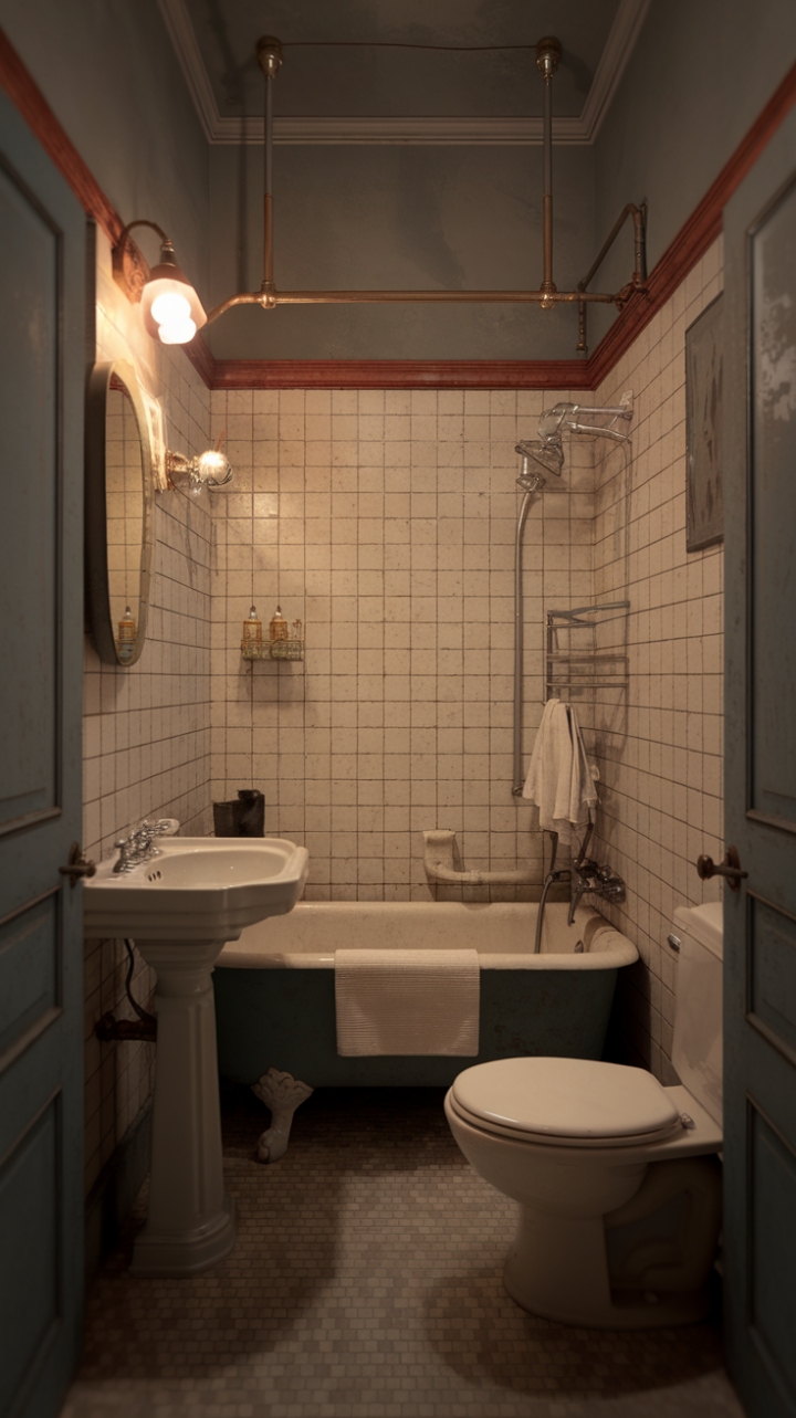 Step back in time with this charming vintage bathroom, where shabby-chic elegance meets retro charm. Antique fixtures and warm lighting create a nostalgic ambiance, perfect for a relaxing soak in the classic clawfoot tub. The exquisite vintage tilework is the star of the show, adding a touch of timeless beauty to this perfectly imperfect space.