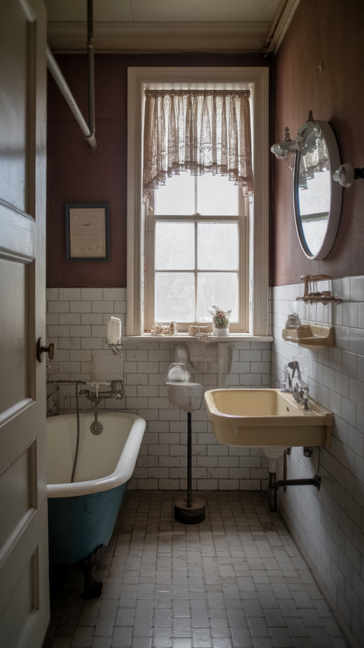 Indulge your senses in the romantic allure of this shabby-chic bathroom retreat. Antique fixtures whisper tales of old-world charm, while vintage tiles and a quaint window dressing create a haven of tranquility. Prepare to be captivated by the timeless beauty and nostalgic ambiance of this exquisitely preserved space.