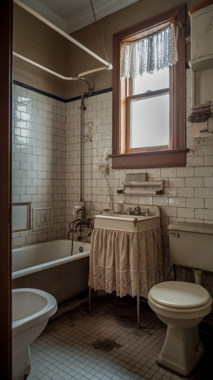 A charming vintage bathroom exudes nostalgic allure with its shabby chic charm. The classic bathtub invites relaxation, while the antique sink, adorned with a delicate lace curtain, adds a touch of romantic elegance. Nostalgic patterned tiles grace both walls and floor, creating a warm, timeless ambiance. A cozy window dressed in a simple curtain bathes the space in soft, natural light, enhancing its intimate, lived-in feel. This petite retreat captures the perfect blend of vintage character and cozy comfort, making every visit feel like stepping into a bygone era.