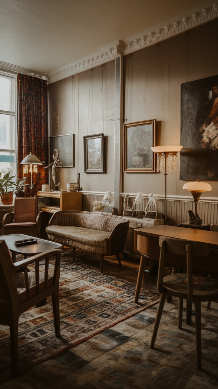 Step into a charming vintage apartment where timeless elegance meets nostalgic allure. Antique furnishings and classic interior elements create a warm, inviting atmosphere, while the retro decor details evoke a sense of bygone sophistication. A plush vintage sofa, complemented by a selection of charming chairs and a stylish table, invites relaxed gatherings. The walls are adorned with carefully curated paintings, adding artistic flair, while a patterned rug grounds the space with intricate design. Soft lighting from vintage lamps casts a cozy glow, enhanced by lush greenery that breathes life into the room. This space beautifully captures the essence of old-fashioned charm with a refined, curated aesthetic.