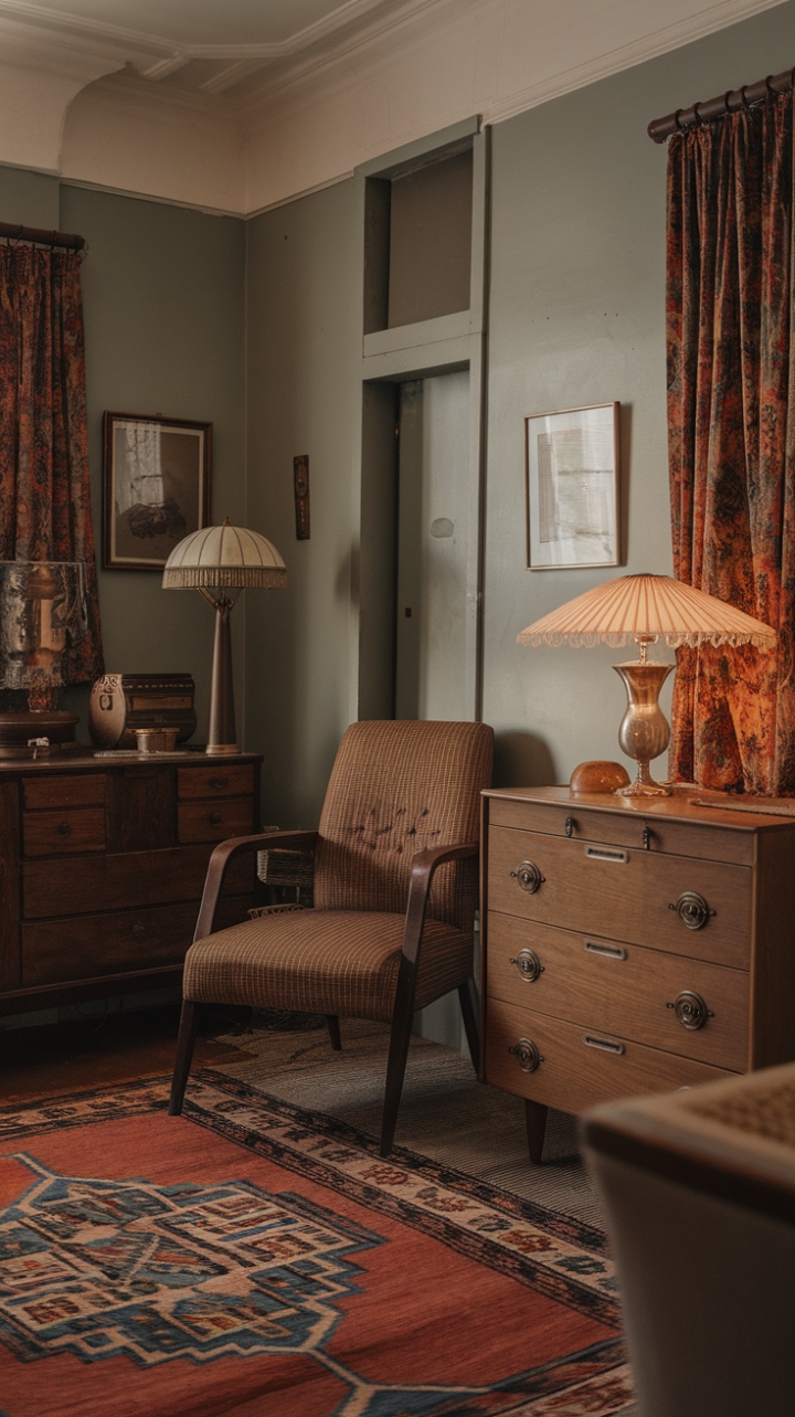 Ready for a trip back in time? This vintage apartment is a love letter to the past, where every piece tells a story. Sink into the embrace of a classic interior, complete with antique furnishings like that charming wooden dresser and the perfectly aged chair. The patterned rug anchors the space, while the painted wall adds a touch of old-fashioned elegance. It's a nostalgic aesthetic that feels both comforting and chic.