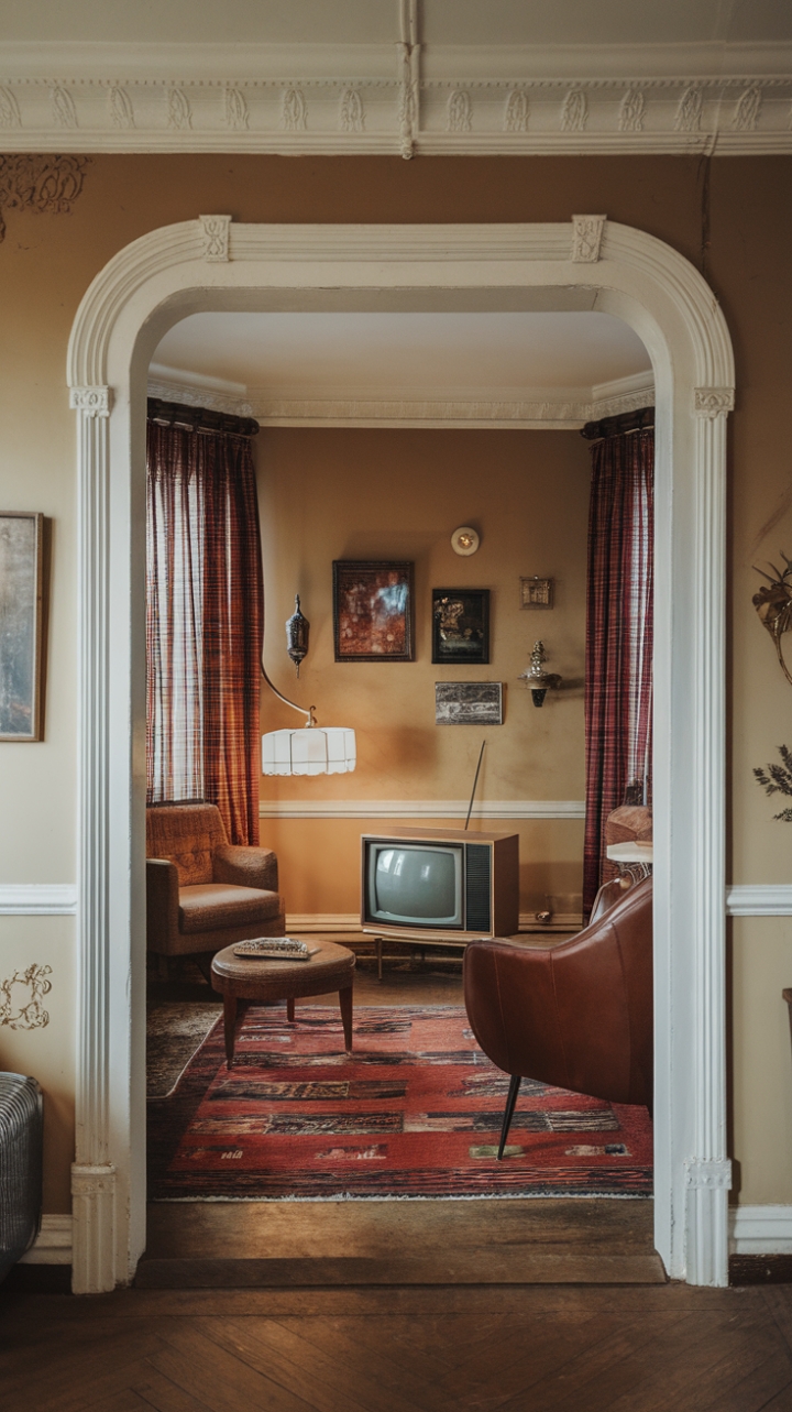 Step into a charming vintage apartment where nostalgic elegance meets timeless design. The warm beige walls, accented by crisp white moldings, create a refined backdrop for an array of antique furnishings and retro accents. A vintage lamp casts a soft, inviting glow beside a classic retro television, while a beautifully patterned vintage rug anchors the space with a touch of old-world charm. The rich hardwood floors add warmth and character, completing this nostalgic retreat that celebrates the enduring allure of vintage style.