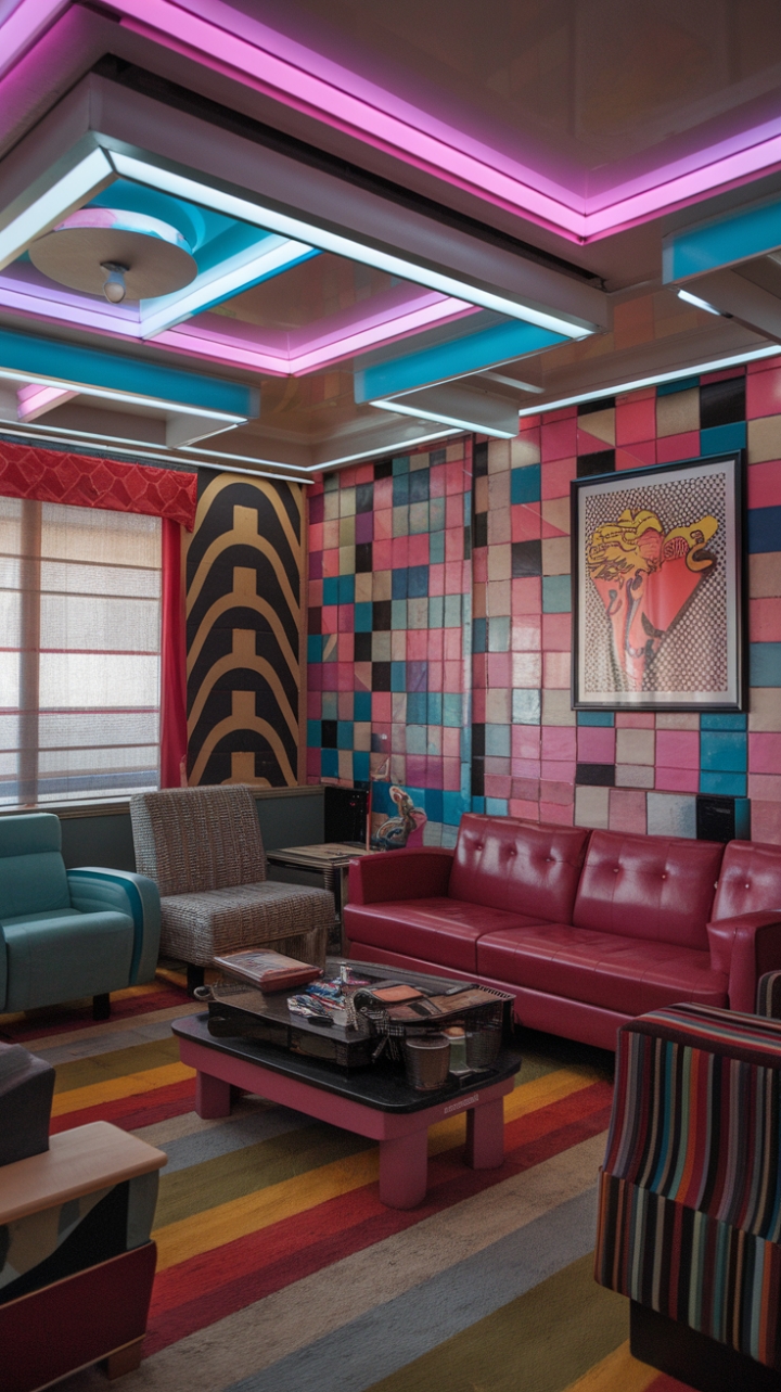 A vibrant homage to the 1980s, this living room bursts with retro charm and bold personality. Neon accents cast a luminous glow over geometric-patterned upholstery and vintage furniture, creating a playful yet sophisticated atmosphere. The striking pop art piece on the wall adds a touch of edgy flair, while the bold color palette immerses the space in nostalgic warmth. This room captures the essence of a bygone era, blending playful design elements with timeless style for a truly captivating aesthetic.