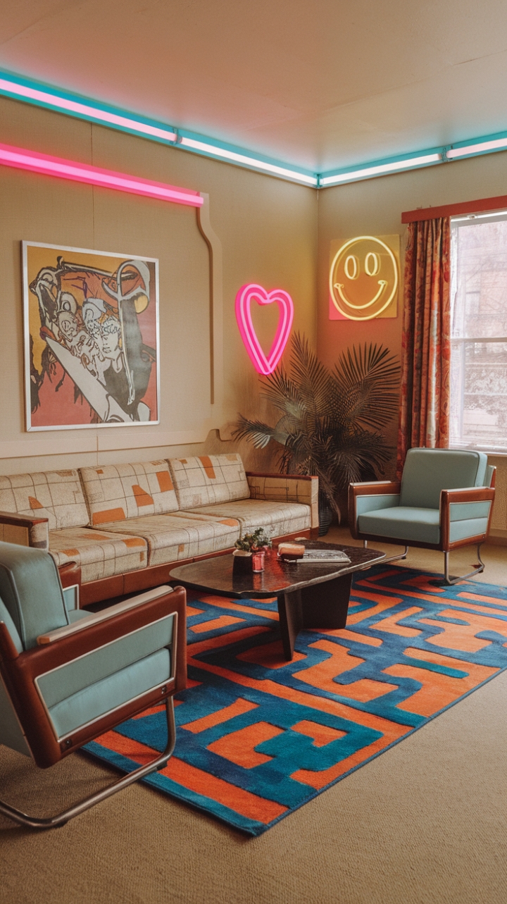 Step back in time with this vibrant 80s-inspired living room, where geometric patterns meet bold color palettes. A beige sofa anchors the space, its retro charm enhanced by a playful orange and blue rug and a pop art masterpiece. Neon accents, like a cheerful smiley face and a playful pink heart, add a touch of whimsy, transporting you to a decade of bold design choices and unforgettable style.