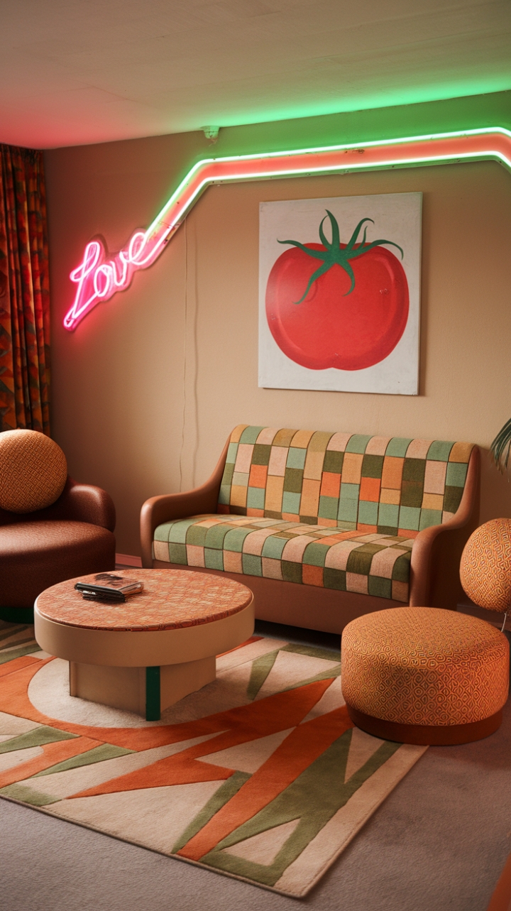 Ready for a blast from the past? This living room is a vibrant homage to the 80s, where bold patterns and playful pops of color reign supreme. Sink into the plush beige sofa, adorned with striking green and orange geometrics that echo the groovy rug underfoot. A brown chair with a circular, orange-patterned cushion offers another cozy spot to relax. The beige coffee table, topped with a matching orange pattern, is perfect for setting down your favorite retro reads. A whimsical pop art tomato painting adds a touch of unexpected charm, while neon accents – a glowing pink "Love" sign and a cool green light above the sofa – infuse the space with electric energy. This room is pure, unadulterated fun!