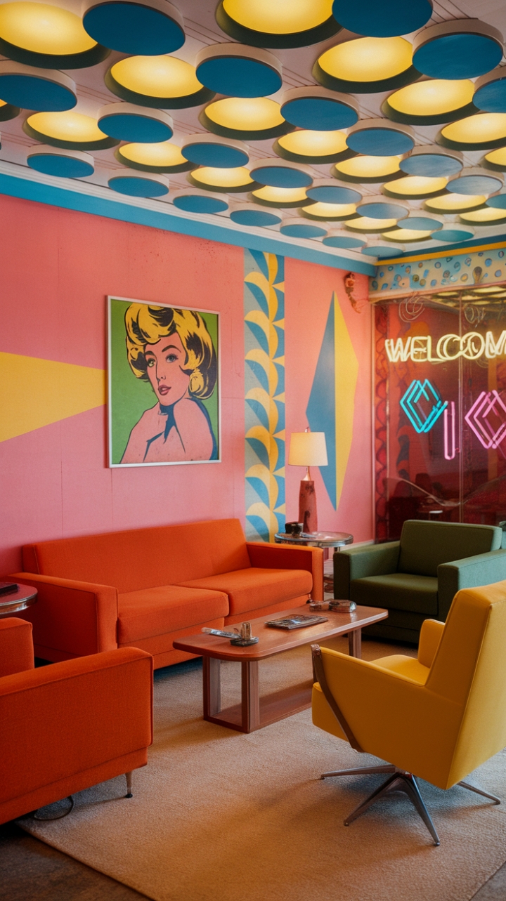 Ready for a blast from the past? This living room is a vibrant homage to the audacious spirit of the 80s! Sink into the plush orange sofa, or perhaps the cool green armchair or sunny yellow chair calls your name. A central coffee table anchors the space, while the walls explode with geometric patterns in electric pink, blue, and yellow. A bold pop art painting of a woman with a striking green background adds a touch of artistic flair. Look up and be mesmerized by the ceiling's playful pattern of blue and yellow circles. A soft beige rug grounds the energetic design, and a welcoming neon sign in the background sets the mood. This space is pure, unadulterated retro joy!