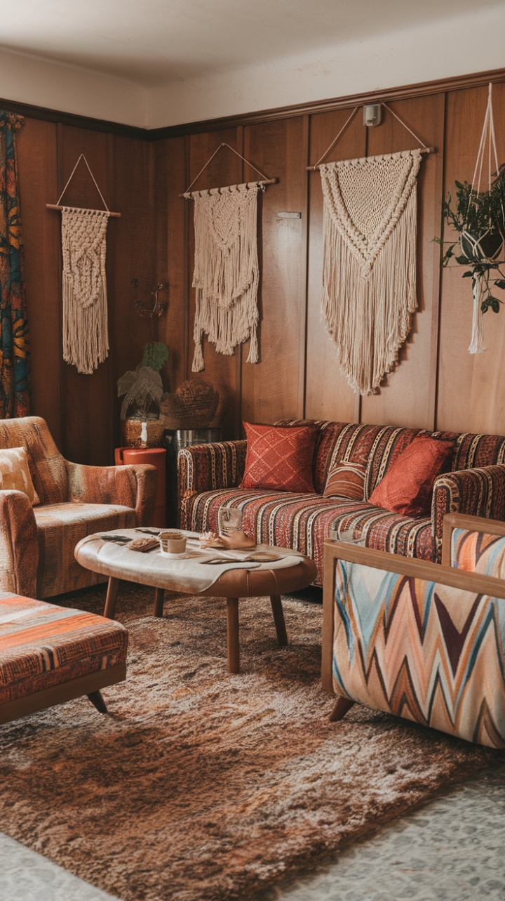 Ready for a trip back in time? This groovy living room is a love letter to the 70s, where bohemian spirit reigns supreme. Sink your toes into that plush shag rug and let the warm wood paneling transport you to an era of laid-back cool. Vintage treasures abound, from the inviting couch and armchair to the perfectly aged coffee table. Macramé magic hangs from the walls and ceiling, adding intricate texture and a touch of handcrafted charm. Bold patterns mingle with earthy tones, creating a space that's as vibrant as it is cozy. This is more than just a room; it's a feeling, a vibe, a celebration of all things retro and free-spirited.