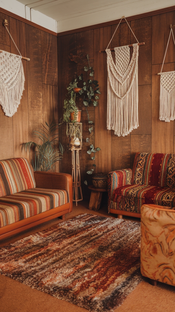 Step back in time with this groovy 70s living room, where bohemian vibes meet vintage charm. Earthy tones, a plush shag rug, and macramé accents create a space that's both relaxed and richly textured. Bold patterns on the furniture add a playful touch, while the wood paneling grounds the room in a warm, inviting atmosphere. Prepare to be transported to a bygone era of effortless cool.