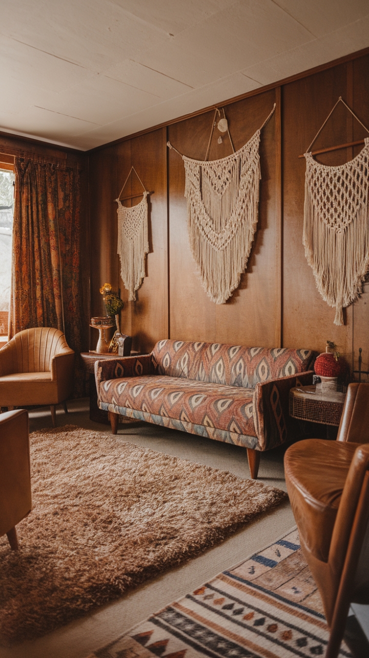 Step back in time and embrace the groovy vibes of this 70s-inspired bohemian haven. A plush shag rug anchors the space, while rich wood paneling and a boldly patterned vintage sofa create a retro-chic foundation. Macramé accents add a touch of handcrafted artistry, perfectly complementing the earthy tones and warm, inviting atmosphere. This isn't just a room; it's a portal to a bygone era of free-spirited style.