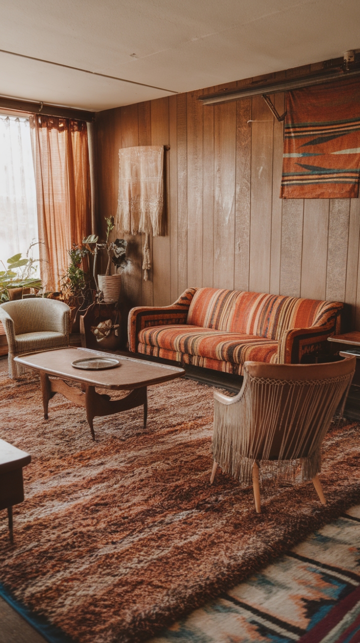 Step back in time with this groovy 70s living room, where bohemian vibes meet mid-century modern. A plush shag rug anchors the space, its earthy tones perfectly complementing the rich wood paneling. A boldly patterned vintage sofa and a macramé-accented chair invite you to sink in and unwind, while a potted plant adds a touch of nature's serenity. This isn't just a room; it's a portal to a bygone era of free-spirited style.