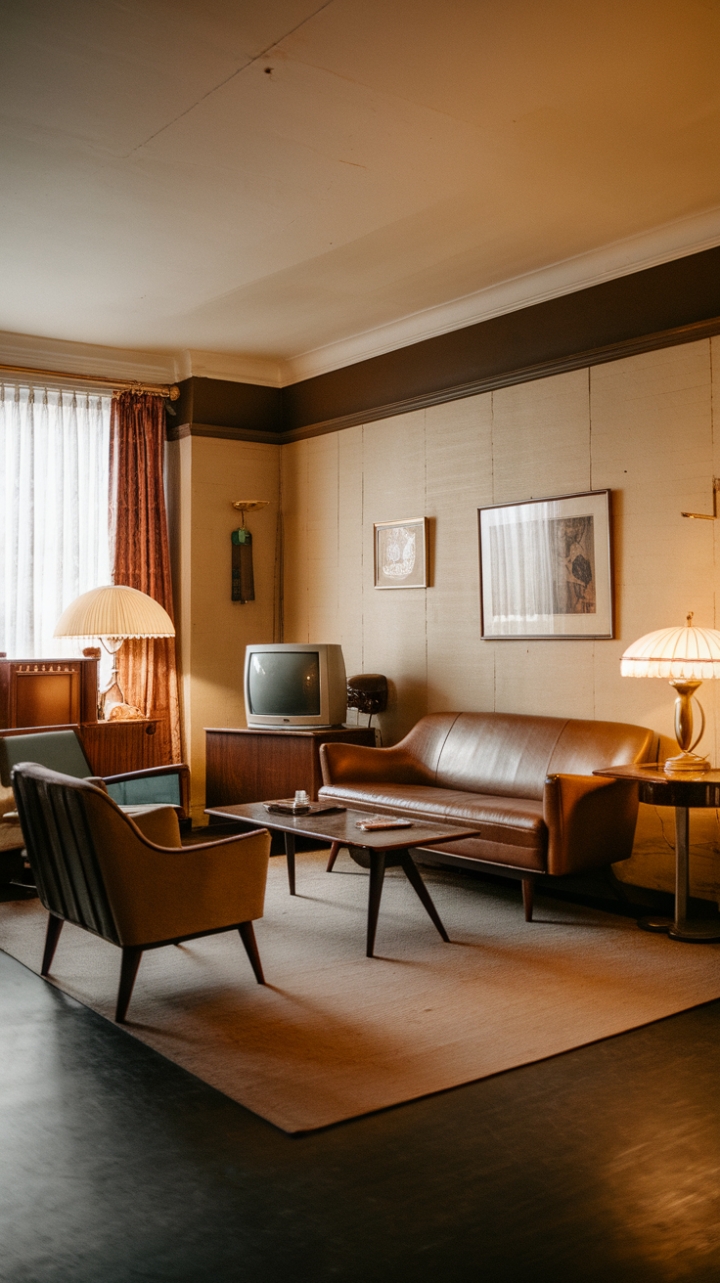 Step back in time with this vintage living room, where mid-century modern elegance meets timeless charm. Rich textures, iconic silhouettes, and a curated collection of antiques create a space that's both sophisticated and effortlessly cool. The warm beige walls and dark flooring provide the perfect backdrop for a nostalgic escape. Prepare to be transported to a bygone era of refined living.