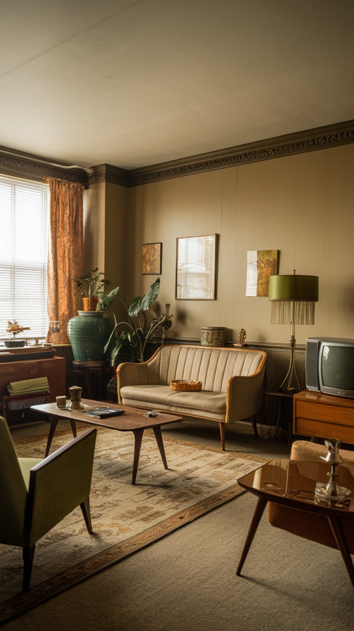 Ready for a trip back in time? This vintage living room is a masterclass in mid-century cool. Sink into the embrace of antique furniture, where a classic sofa and chair invite you to linger. A timeless coffee table and television stand anchor the space, while beige walls provide a serene backdrop for a patterned rug that adds a touch of playful energy. Vintage treasures abound, from a lamp with a charming green shade to a thriving plant and carefully curated decorative items. The entire design evokes a beautiful sense of nostalgia, wrapped in a retro color palette of warm beige, verdant green, and rich brown.