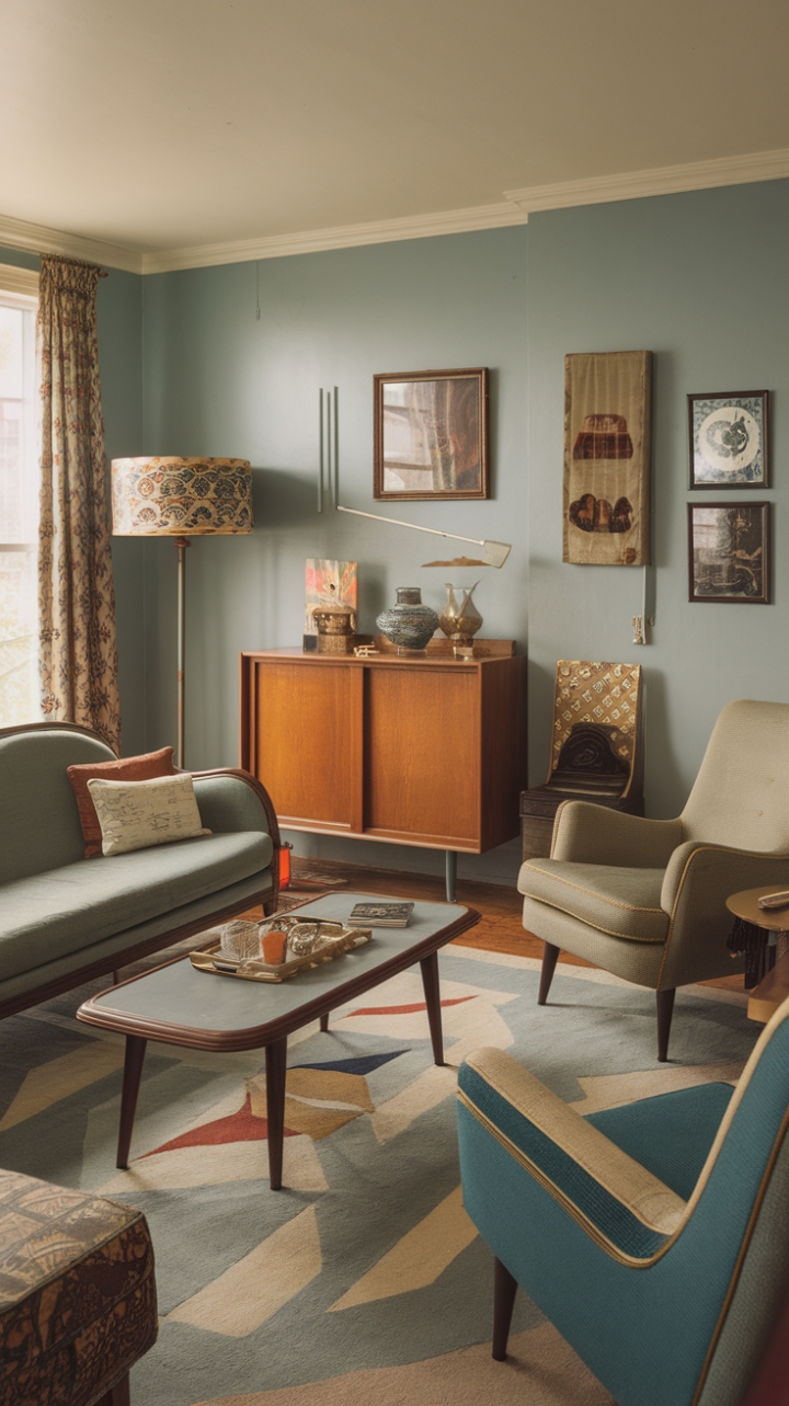 Reimagine retro in this captivating living room. Antique furniture finds new life amidst a soft blue backdrop, complemented by a carefully chosen array of mid-century accents. Geometric patterns, a subtly patterned lampshade, and carefully placed decorative objects complete this effortlessly elegant and nostalgic design.