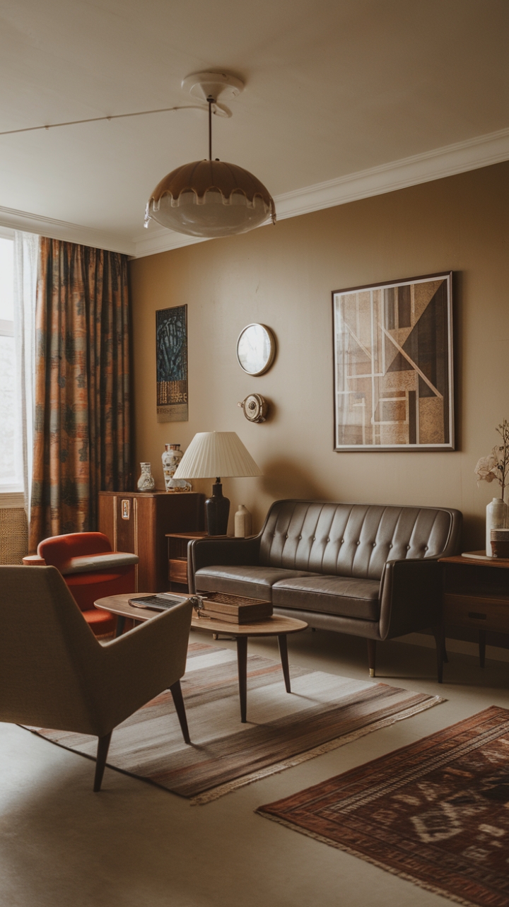A captivating blend of mid-century charm and contemporary flair, this vintage-inspired living room exudes timeless elegance with a modern twist. The beige walls serve as a warm backdrop for a curated mix of retro furniture—a sleek sofa, an inviting armchair, and a stylish coffee table—that invite relaxation and conversation. Vintage accents, including a charming lampshade, a delicate vase, and a classic wall clock, add layers of personality and nostalgia. The eclectic decor is anchored by a textured rug that grounds the space, creating a cozy yet sophisticated atmosphere. This harmonious fusion of styles celebrates the enduring appeal of vintage design while embracing current trends, resulting in a space that feels both nostalgic and refreshingly current.