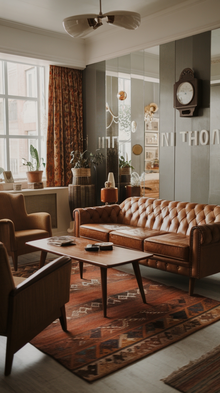 Ready to be transported? This living room is a masterclass in modern vintage, where the best of both worlds collide. Sink into the buttery leather sofa, a true mid-century icon, and let your eyes wander over the warm tones of the wooden coffee table and inviting armchair. Every detail tells a story, from the vibrant pattern of the rug underfoot to the charming plant stand and the timeless tick-tock of the wall clock. It's an eclectic mix that feels both curated and lived-in, a nostalgic embrace of retro chic with a classic modern fusion. This is a space that invites you to linger, to relax, and to simply be.