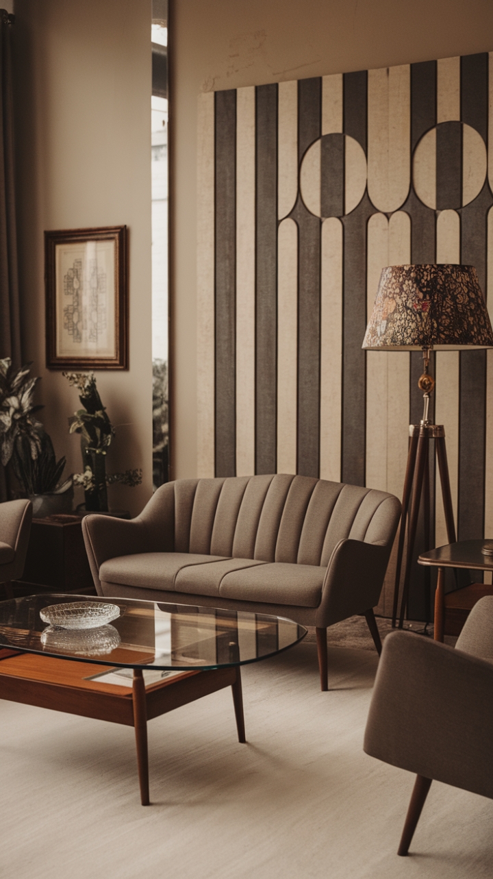 Step back in time with this effortlessly chic living room, where mid-century modern lines meet retro-inspired geometrics. A curvaceous sofa, a glass-topped coffee table, and a statement lamp create a vintage vibe, while carefully curated artwork and a lush plant add pops of personality. The result? A space that's both nostalgic and utterly now.