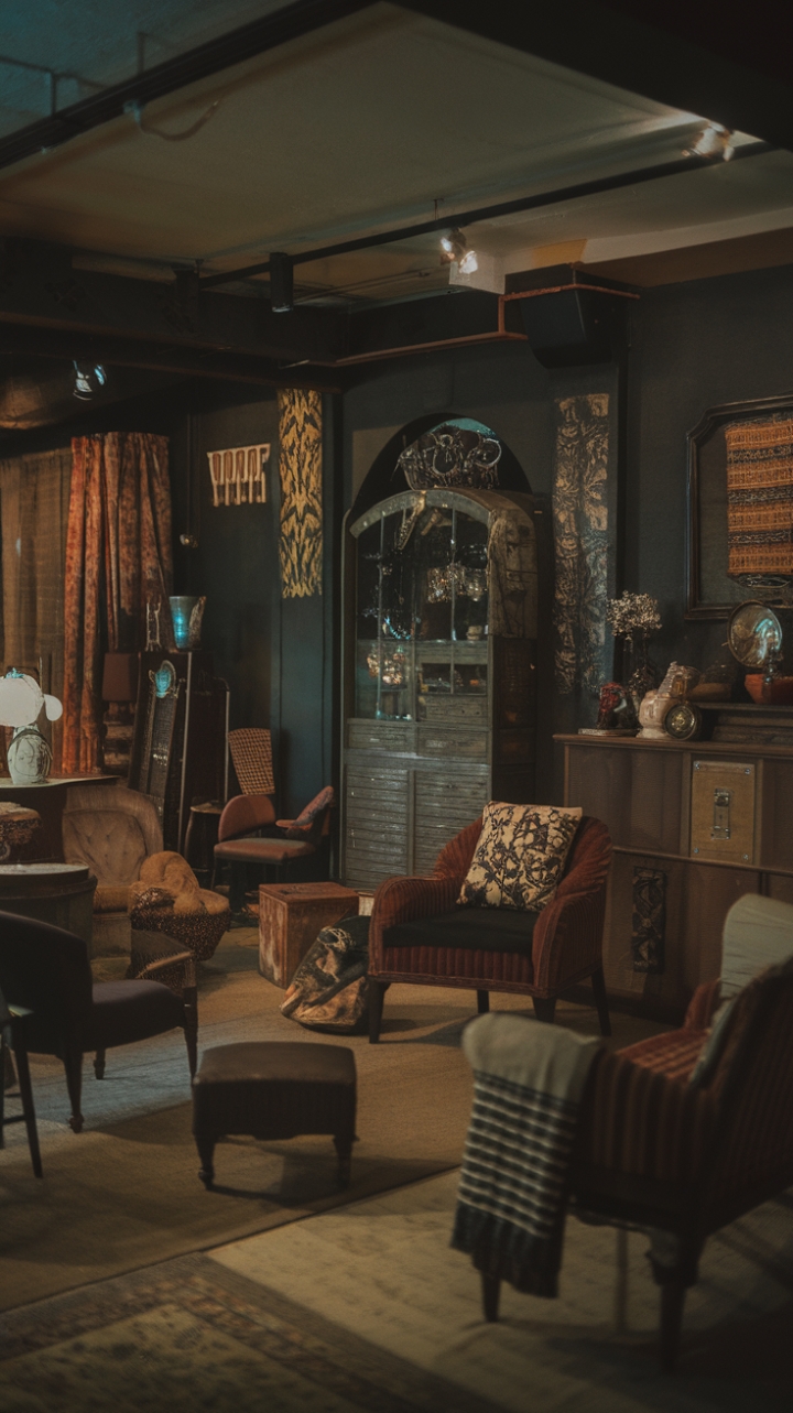 Ready to be transported? This vintage living room is a masterclass in moody romance. Swathed in a deep, captivating palette, it whispers tales of eras past. Antique treasures and retro silhouettes mingle effortlessly, each piece telling its own story. Distressed finishes and vintage textiles add layers of rich texture, inviting you to linger. Under the soft, atmospheric glow, this space feels like a warm embrace, steeped in nostalgia and utterly enchanting.