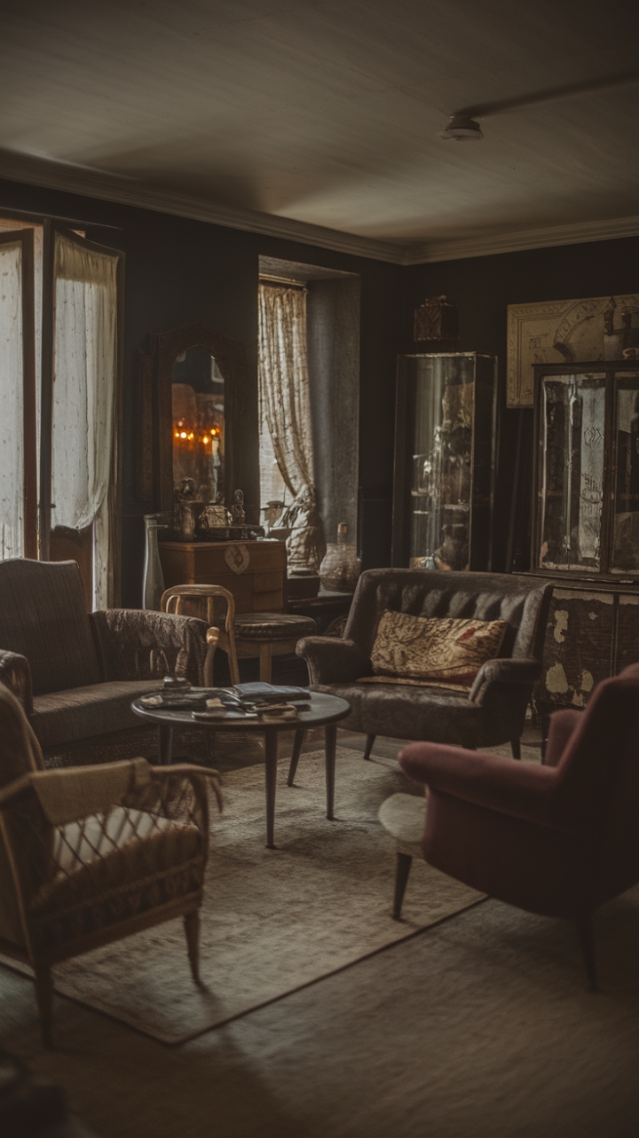 Embrace the allure of a dimly lit haven, where the past finds its voice in a symphony of distressed finishes and nostalgic details. Antique treasures mingle with rustic accents, creating a living room that's both exquisitely styled and deeply evocative. Let the soft light guide you through a space brimming with character and untold tales.