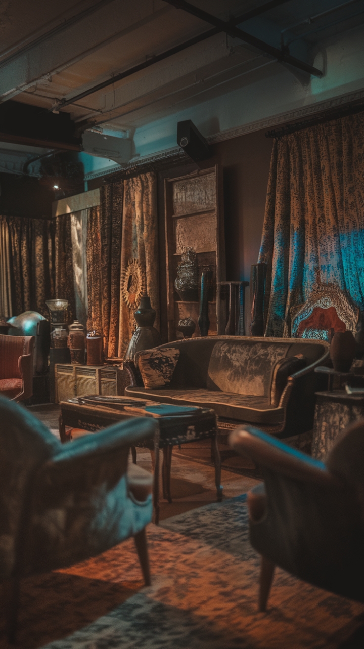 A vintage living room exudes timeless charm with its moody palette and nostalgic ambiance. Antique decor and retro furniture, featuring distressed finishes, create a sense of history and character. Rustic accents and vintage textiles add warmth and texture, while moody lighting casts a soft, inviting glow that enhances the room’s intimate atmosphere. This space invites you to step back in time and savor its rich, storied aesthetic.