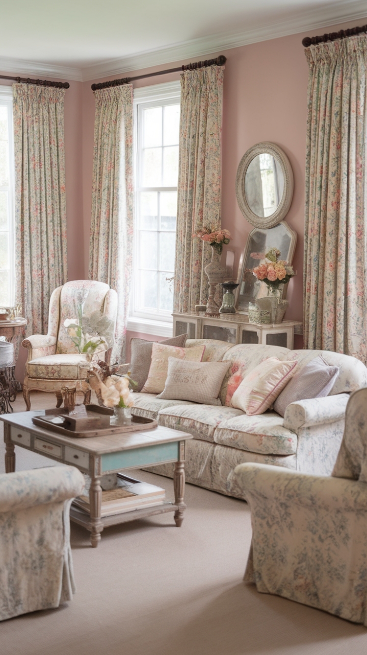Embrace the beauty of imperfection in this enchanting shabby chic retreat. Distressed furniture and vintage treasures create a captivating narrative, while a soft pastel color scheme and charming floral accents infuse the space with a delicate femininity. The rustic charm and cottage-style details blend seamlessly, resulting in a living room that's both exquisitely elegant and wonderfully lived-in. Prepare to be captivated by its unique blend of vintage allure and modern comfort.