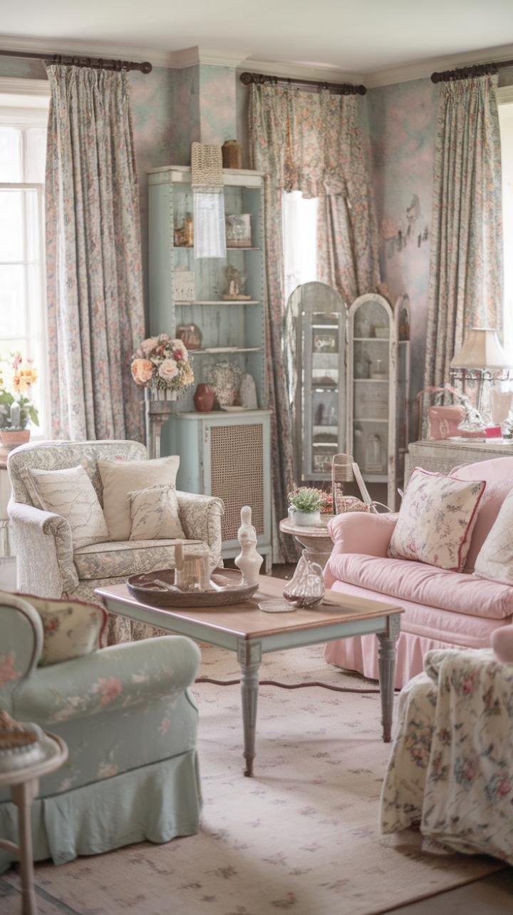 Step into a haven of shabby-chic charm where faded elegance meets rustic romance. Distressed furniture whispers tales of bygone eras, complemented by a pastel palette and floral flourishes that evoke a tranquil cottage escape. Every antique detail, from vintage accessories to delicate floral patterns, contributes to an atmosphere of effortless sophistication.