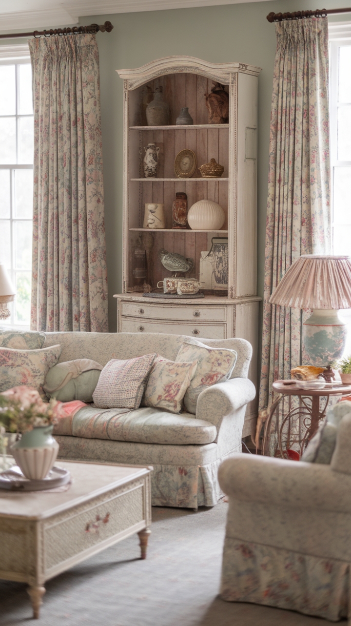 Embrace the allure of vintage romance in this idyllic cottage living room. Distressed furniture and antique décor create a captivating scene, painted in soft pastels and adorned with delicate floral patterns. The room's rustic charm is undeniable, a testament to the enduring beauty of time-worn treasures and the comforting embrace of a home filled with stories.