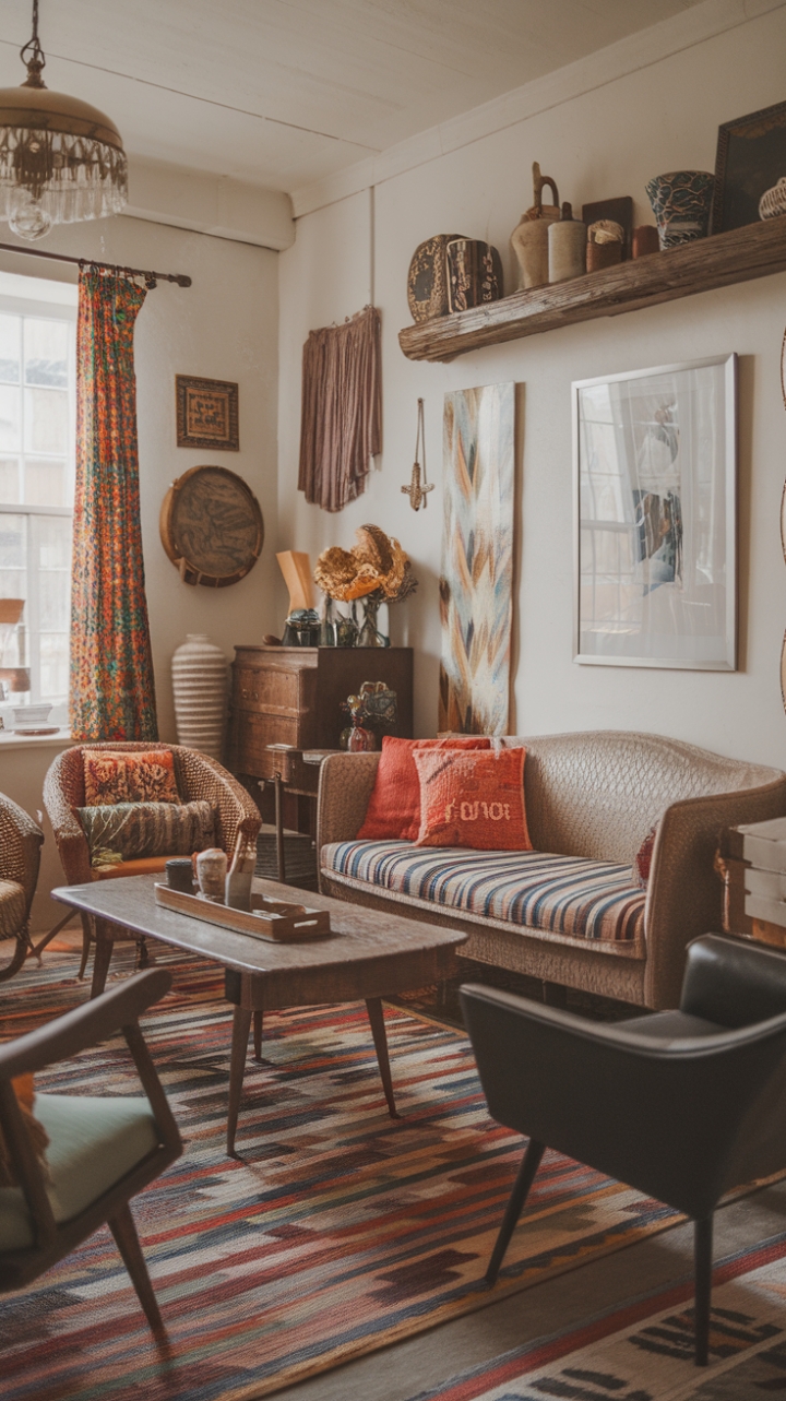 Unwind in this captivating bohemian living room, a symphony of vintage finds and eclectic treasures. Retro accents playfully mingle with antique furniture, creating a space brimming with character and soul. Colorful textiles, from a striking patterned rug to a cascade of vibrant throw pillows, add a touch of playful energy, while rustic wooden elements ground the design in warmth and authenticity. The carefully chosen artwork and decorative items complete the picture, transforming this room into a haven of inspired style.
