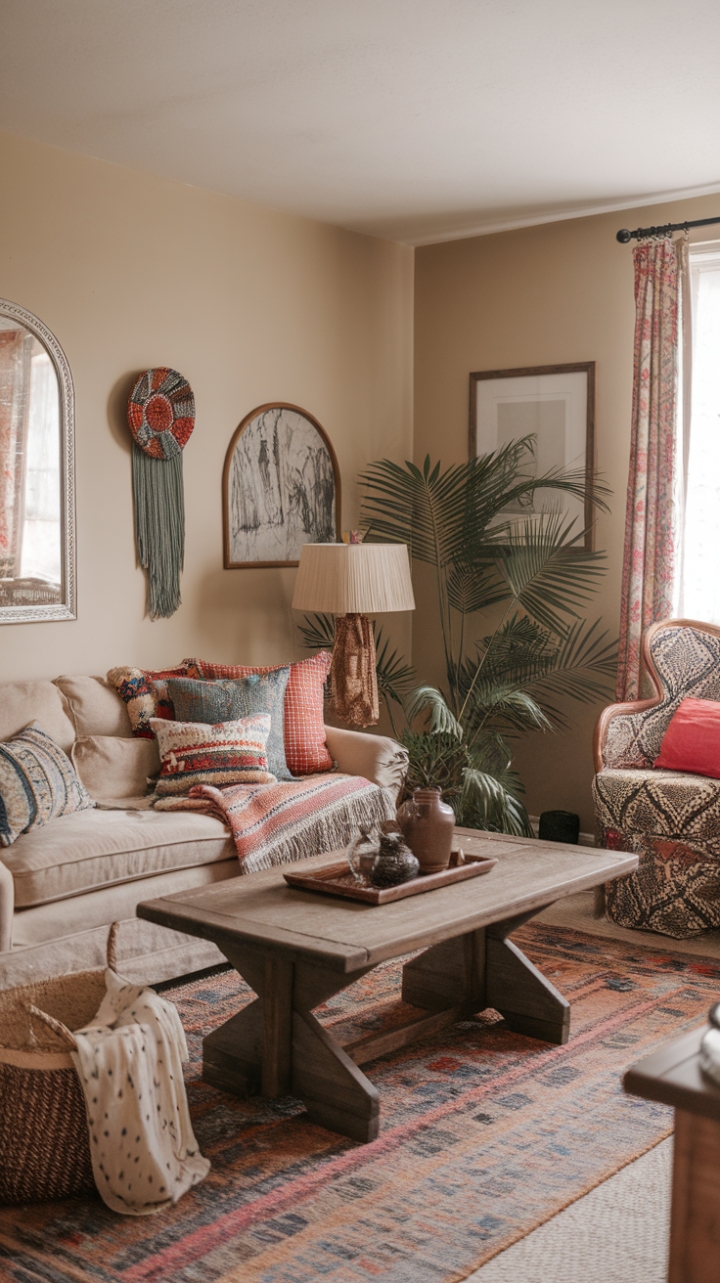 Unwind in the captivating embrace of this boho-chic sanctuary. Neutral walls provide the perfect backdrop for a curated collection of vintage treasures and bohemian accents. A plush beige sofa, punctuated by a symphony of vibrant throw pillows, invites you to sink in and relax. The room's eclectic mix of textures and patterns—from a rustic coffee table to a beautifully framed artwork—creates a space that's both stylish and deeply personal, a testament to the art of effortless, lived-in luxury.