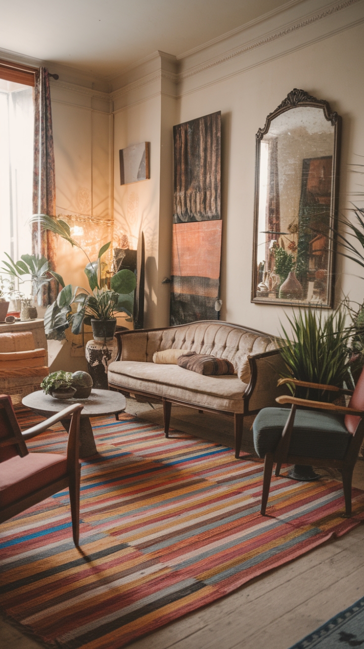 Embrace the effortless elegance of boho-chic in this sun-drenched living room. A symphony of vintage finds and rustic accents creates a space that is both inviting and utterly captivating. Sink into the plush embrace of the antique sofa, surrounded by the warmth of natural light and the vibrant hues of a handcrafted rug. Every detail, from the carefully chosen plants to the thoughtfully placed artwork, speaks to a love of beauty and a passion for creating a home that truly reflects your soul.