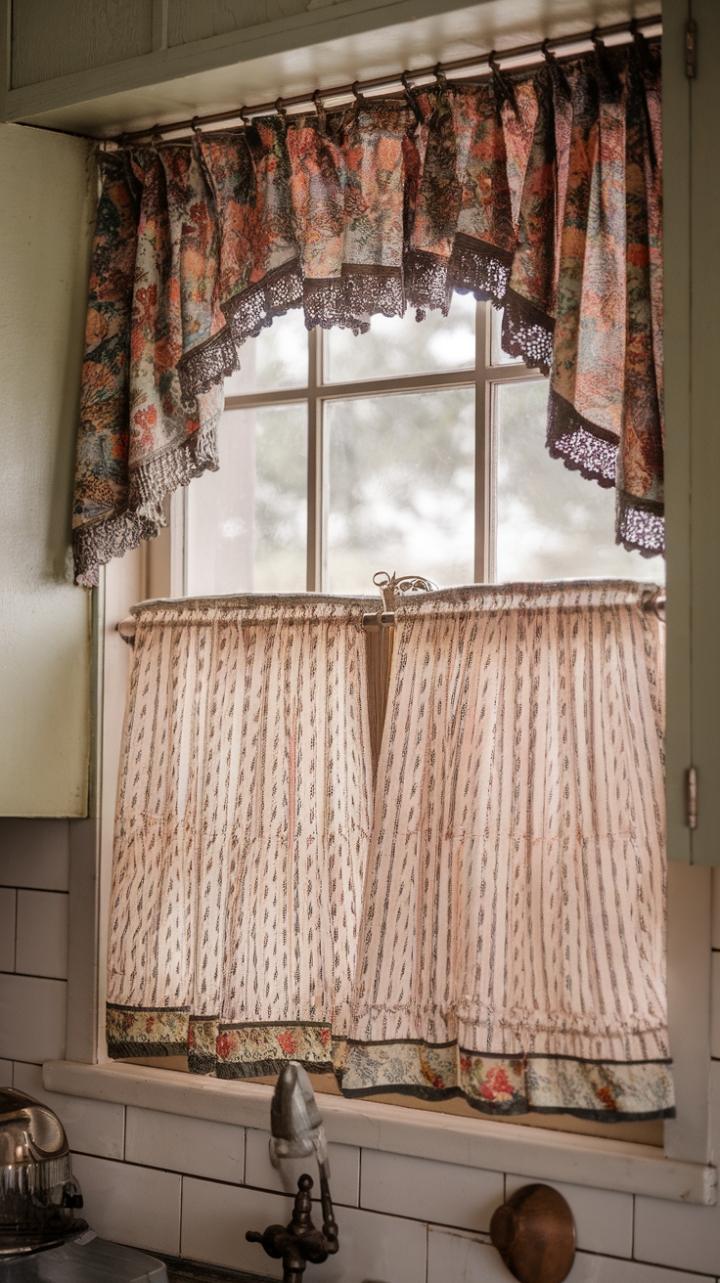 Ready for a little trip down memory lane? This charming kitchen is a love letter to vintage style, where every detail tells a story. Sunlight streams through a window adorned with a delightful retro floral curtain, its vibrant pattern a cheerful nod to days gone by. Antique drapes and classic cafe curtains complete the look, creating a warm and inviting atmosphere that feels both timeless and utterly cozy. It's the perfect spot for baking, brewing, and simply soaking in the sweet nostalgia.