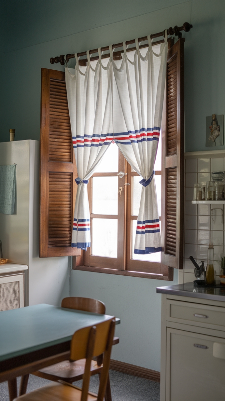 Ready for a little trip back in time? This charming vintage kitchen is a delightful escape, where a cheerful striped curtain, tied back with a sweet blue ribbon, frames a window with classic wooden shutters. The soft blue walls create a calming backdrop for the simple wooden table and chairs, inviting you to linger over a cup of coffee. It's a space that feels lived-in and loved, full of character and warmth.