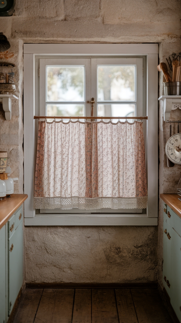 Ever wonder what it feels like to cook in a kitchen steeped in history? This charming space, with its stone walls and warm wooden floors, whispers tales of generations past. Sunlight streams through a window adorned with a delightful floral curtain, its delicate lace trim a nod to simpler times. Antique kitchen treasures are scattered throughout, each piece adding to the room's nostalgic, shabby chic charm. It's a place where memories are made, and every meal feels like a cherished tradition.