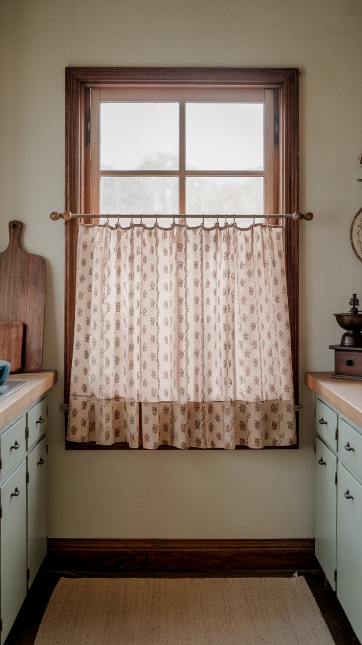A charming vintage kitchen exudes nostalgic warmth through its timeless details. The window, framed in warm wood, is adorned with a retro floral fabric curtain that softly filters natural light, evoking a sense of cozy familiarity. Light beige walls and a matching rug create a soothing backdrop for carefully curated antique accessories—an aged wooden cutting board and a vintage coffee grinder—that whisper stories of bygone eras. This inviting space captures the essence of old-fashioned charm, blending functional elegance with nostalgic appeal.