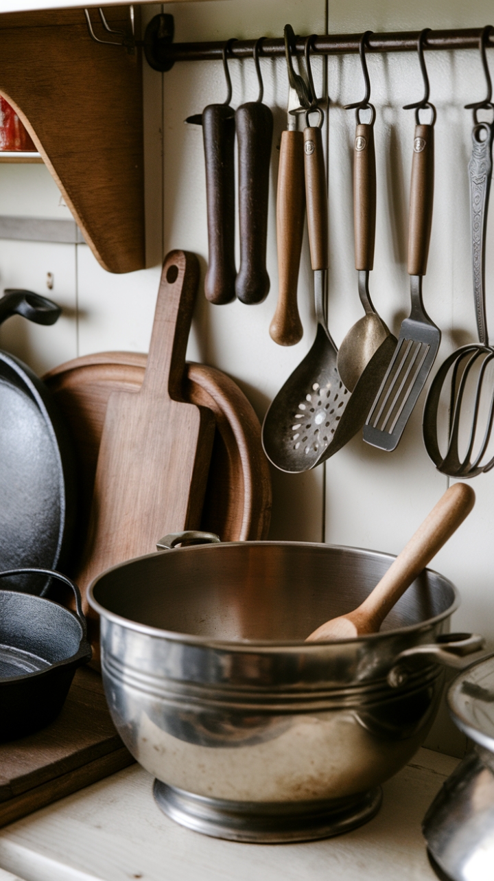 Ready for a trip back in time? This vintage kitchen is a treasure trove of culinary history. Antique cutlery, classic tools, and old-fashioned gadgets tell stories of meals past. A retro mixing bowl with a wooden spoon sits ready for baking, while utensils of wood, iron, and silver hang proudly on a wall rack. In the background, a trusty cast iron skillet and a well-loved wooden cutting board complete this charming scene, a true celebration of timeless kitchen essentials.